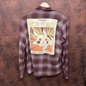 Pikachu Pokemon Upcycled Unique Plaid XL Button Up Rust Gray One of a Kind Shirt